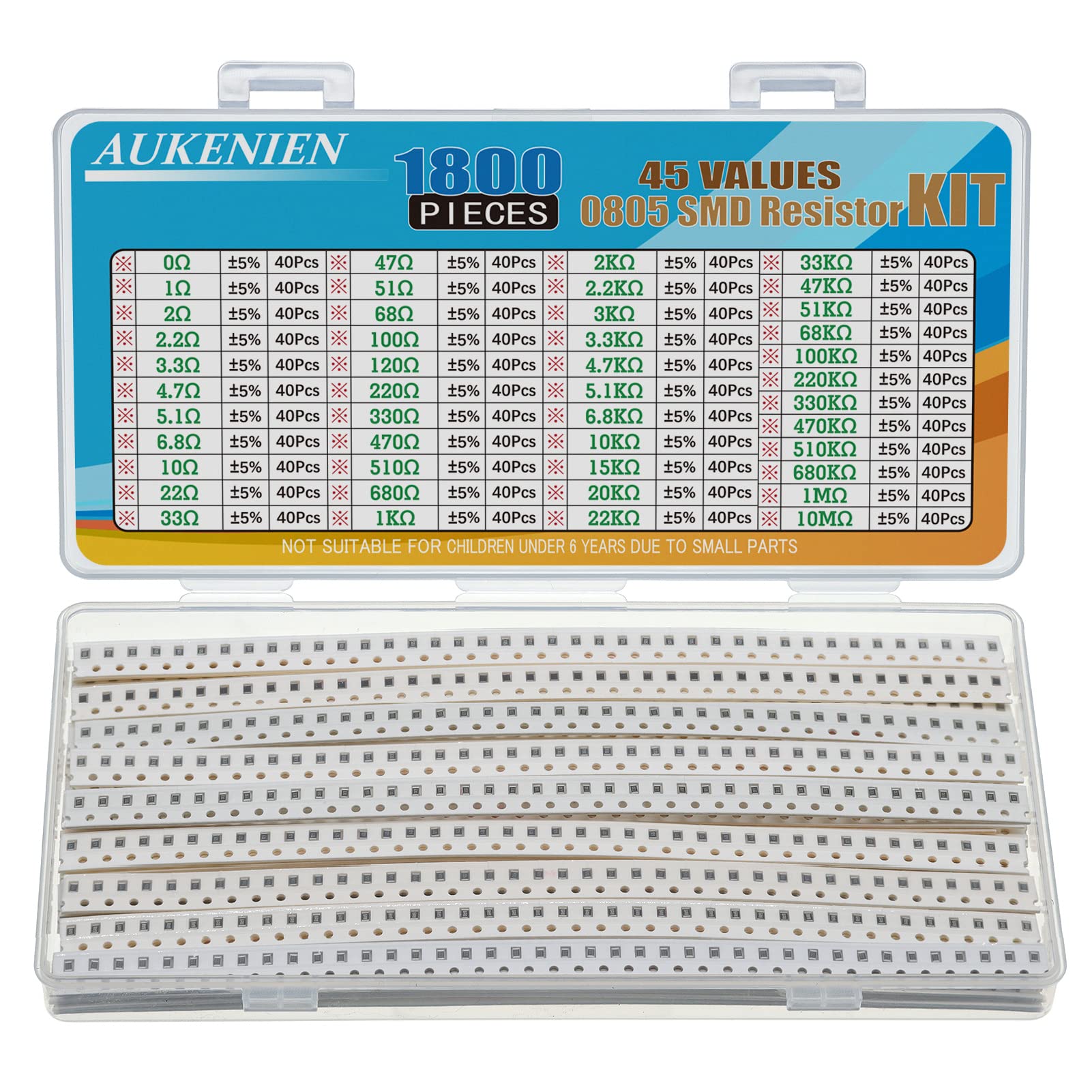 AUKENIEN 0805 SMD Widerstand Sortiment 45 Werte 1800 Stück 0R bis 10M Ohm Resistor 1/8W SMT Widerstände Kit mit ±5% Toleranz von AUKENIEN