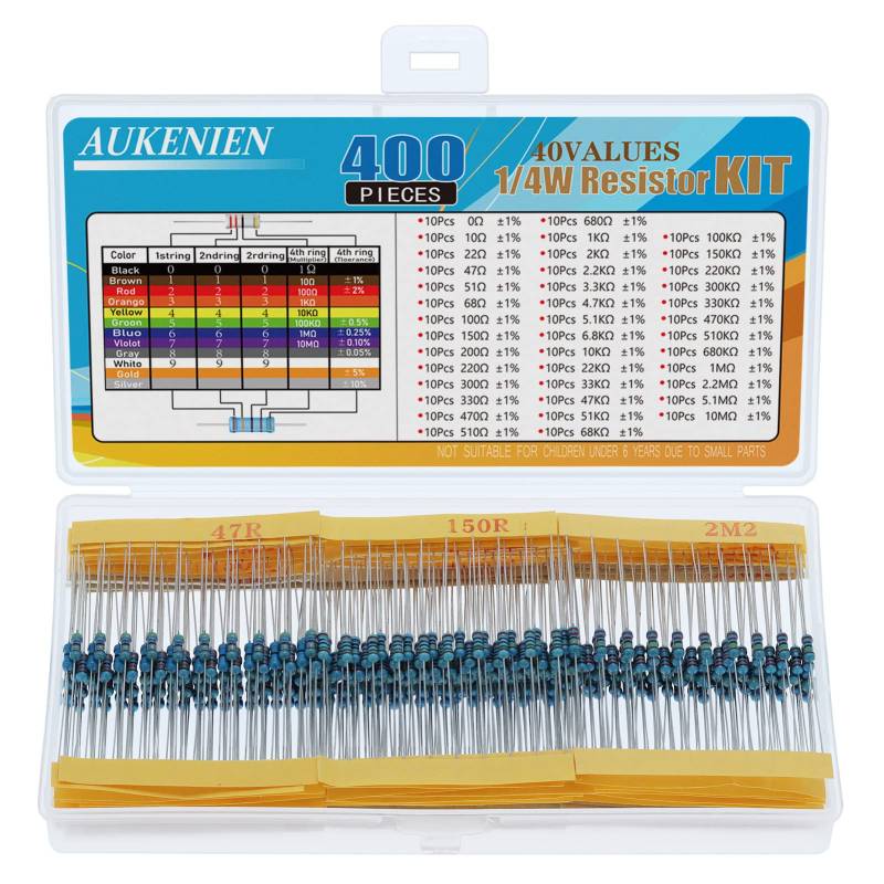 AUKENIEN 1/4W Widerstand Sortiment Kit 0 Ohm to 10M Ohm Widerstände Set 40 Werte 1% 1/4 Watt Metallfilm Wiederstände Pack Wiederstand Vorwiderstand Wiederständer Elektronik Resistors Resistor Box von AUKENIEN