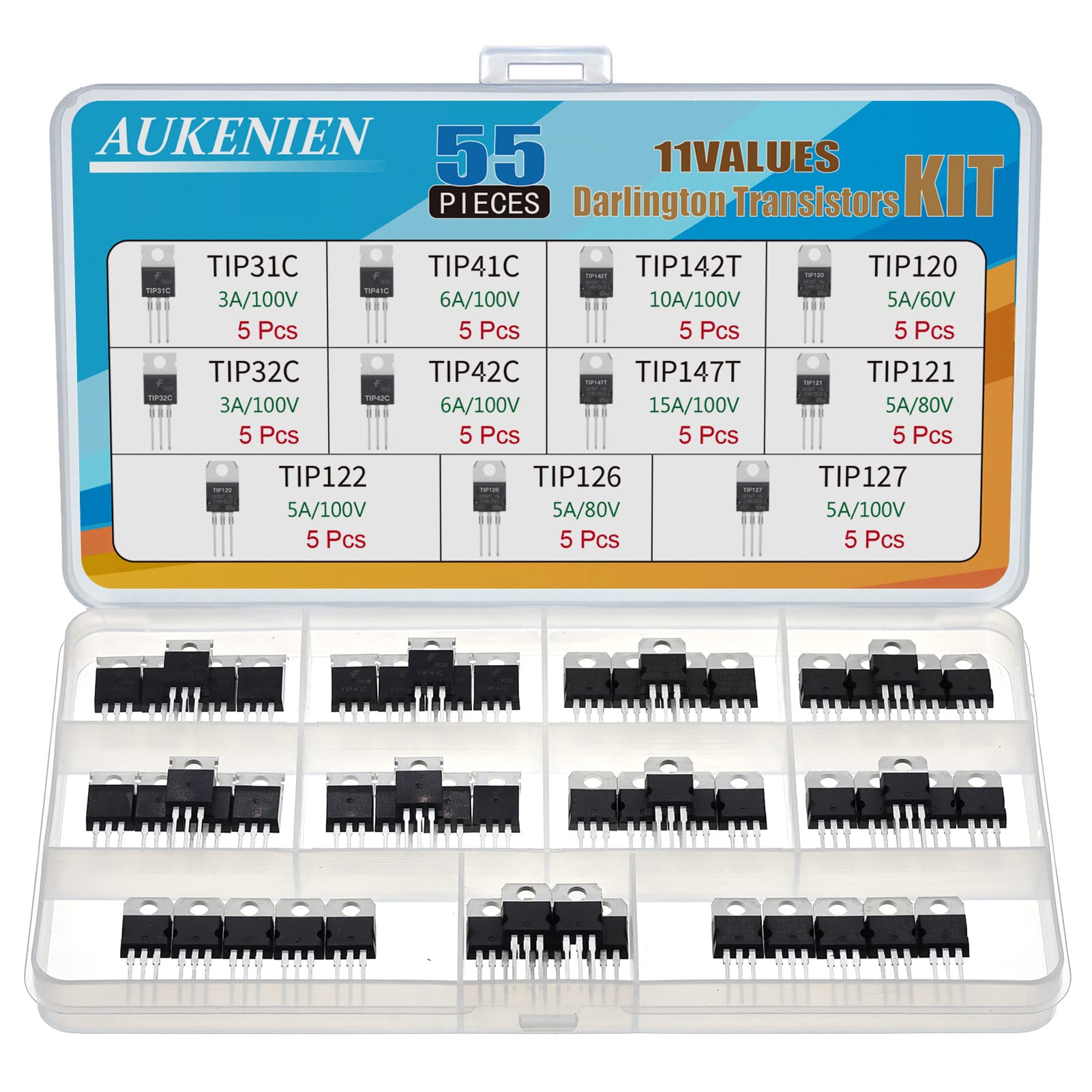 AUKENIEN 11 Werte TIP Transistor Silizium Leistungstransistor TIP31C TIP32C TIP41C TIP42C TIP142T TIP147T TIP120 TIP121 TIP122 TIP126 TIP127 Darlington Transistoren Sortiment Set von AUKENIEN