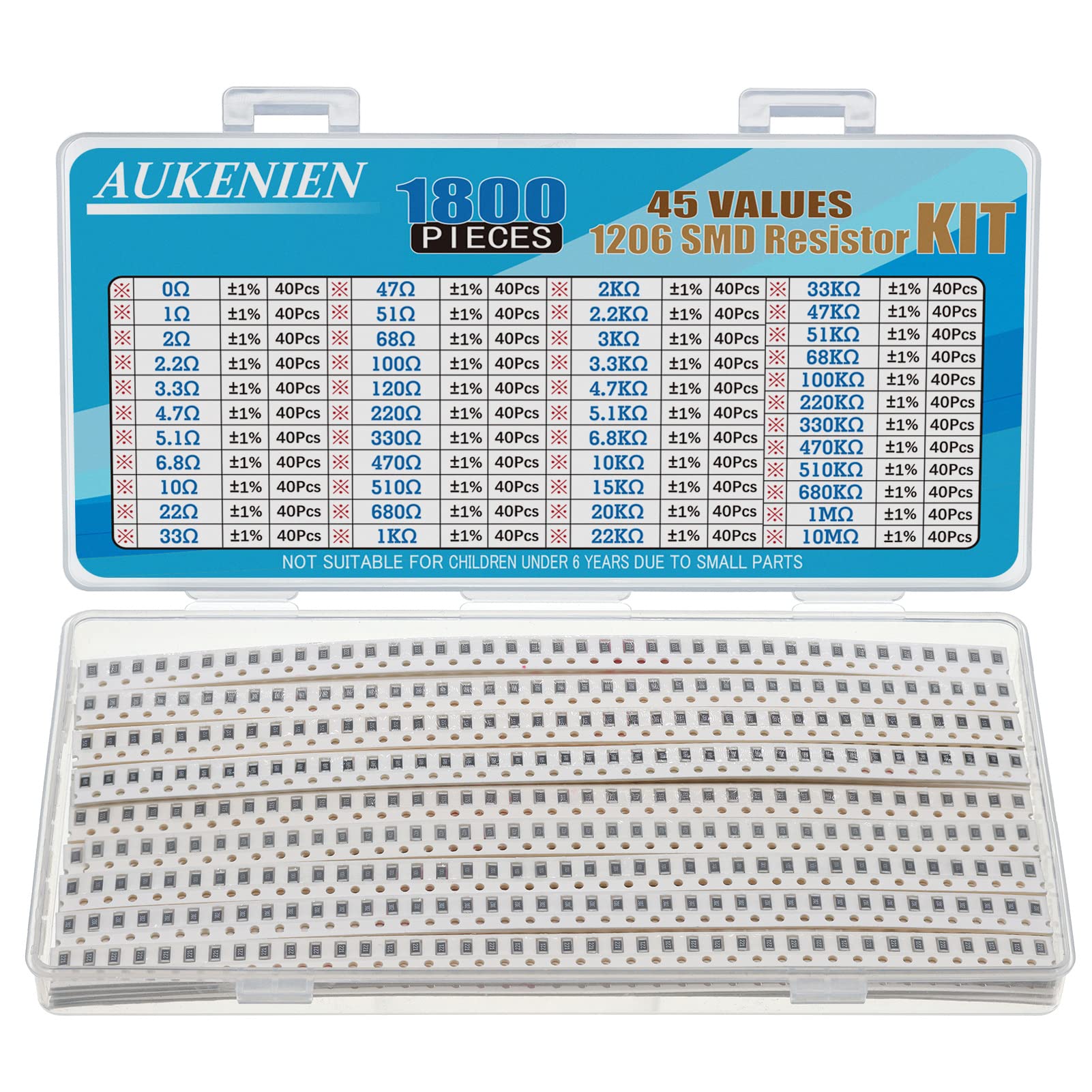 AUKENIEN 1206 SMD Widerstand Sortiment 45 Werte 1800 Stück 0R bis 10M Ohm Resistor 1/4W SMT Widerstände Kit mit ±1% Toleranz von AUKENIEN