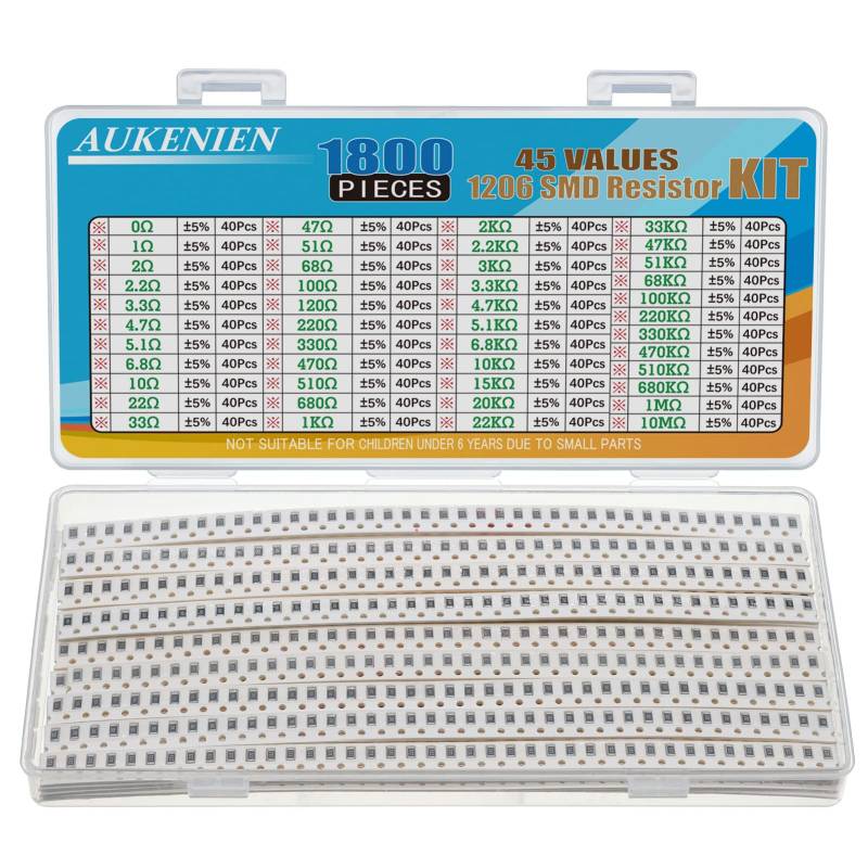 AUKENIEN 1206 SMD Widerstand Sortiment 45 Werte 1800 Stück 0R bis 10M Ohm Resistor 1/4W SMT Widerstände Kit mit ±5% Toleranz von AUKENIEN