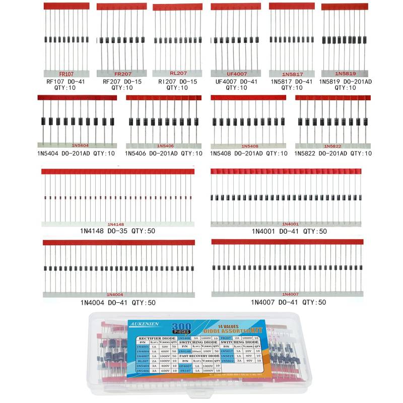 AUKENIEN 14 Wert 300 Stück Dioden Sortiment Kit Gleichrichter Schalt Schalter Schottky Diode Set 1N4148 1n4001 1N4004 1N4007 1N5404 1N5406 1N5408 1N5817 1N5819 1N5822 FR107 FR207 RL207 UF4007 von AUKENIEN