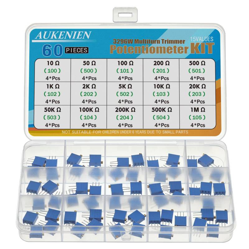 AUKENIEN 15 Werte 60 Stück 3296W Trimmer Potentiometer 10 50 100 200 500 1K 2K 5K 10K 20K 50K 100K 200K 500K 1M Ohm Variable Widerstand Sortiment Kit von AUKENIEN