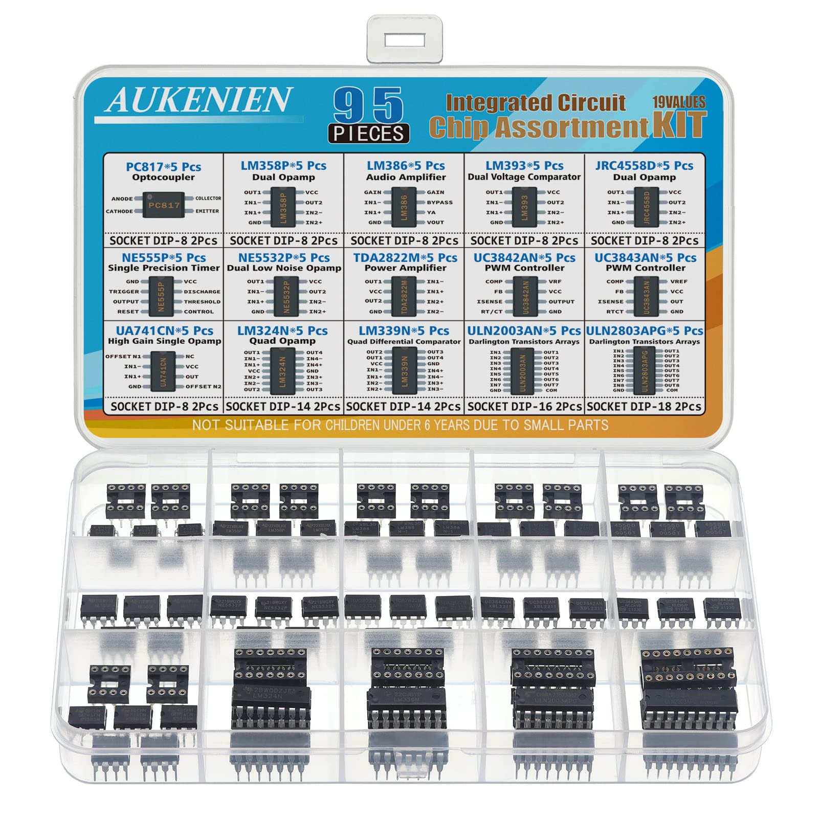 AUKENIEN 15 Werte IC Sortiment Kit PC817 LM358P LM386 LM393 JRC4558D NE555P NE5532P TDA2822D UC3842AN UC3843AN UA741CN LM324N LM339N ULN2003APG ULN2803APG Operationsverstärker Verstärker Timer von AUKENIEN