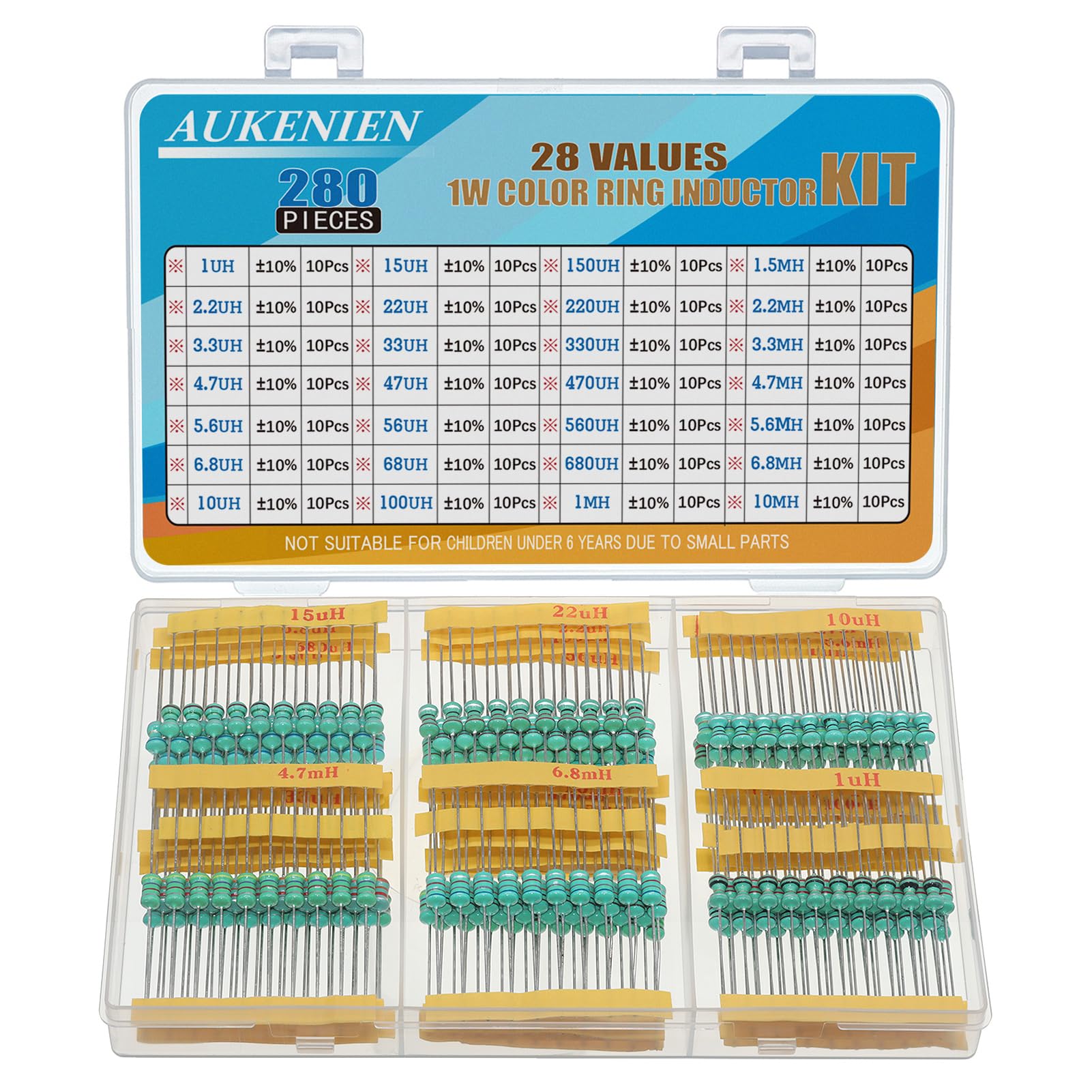 AUKENIEN 1W Farbring Induktoren 28 Werte Induktor Kit 1uH bis 10mH 280 Stück 0510 DIP Farbcode Induktivität 1 Watt Sortiment von AUKENIEN