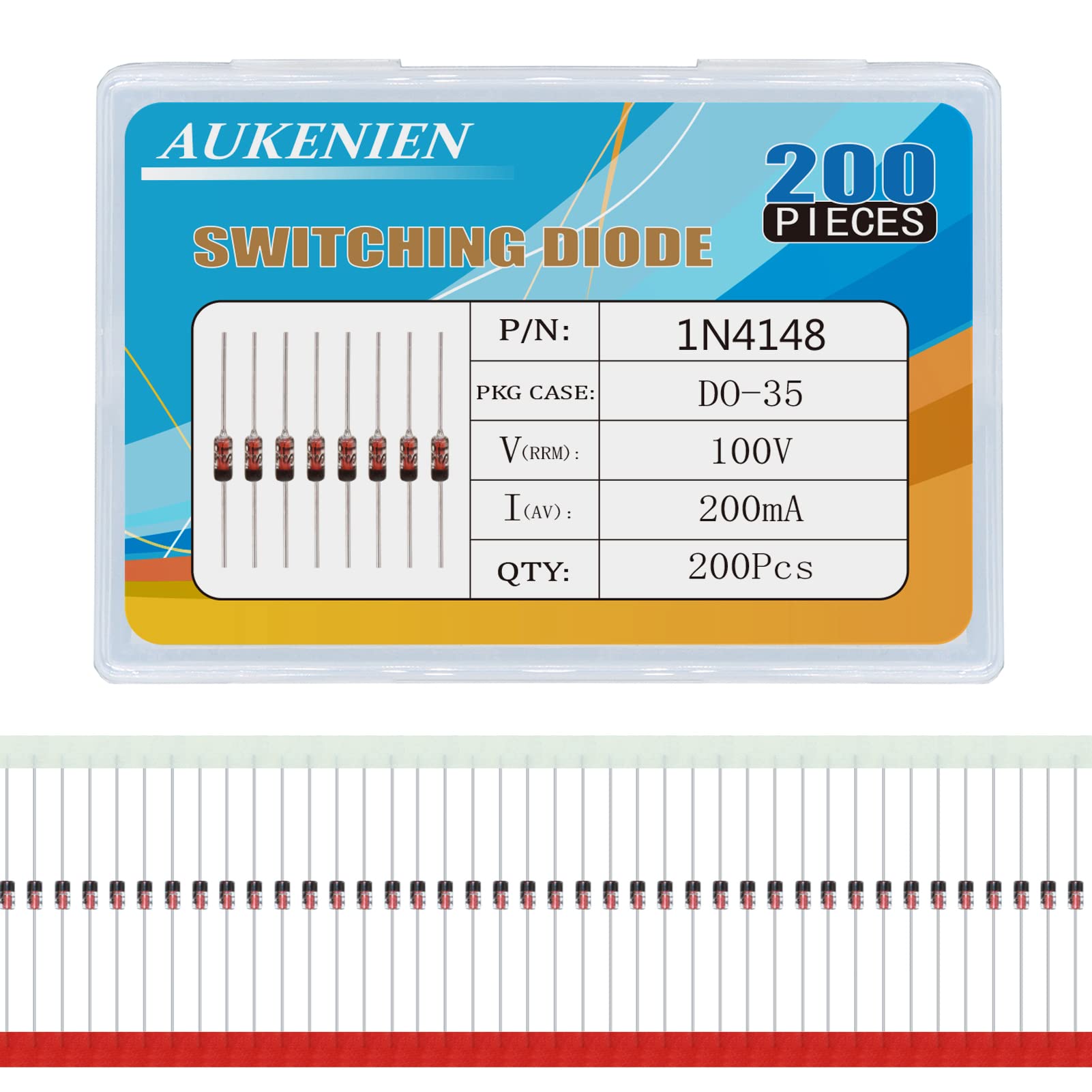 AUKENIEN 200 Stück 1N4148 Schalt Dioden 200mA 100V DO-35 Axial 4148 200 mA 100 Volt IN4148 Elektronische Silikondioden von AUKENIEN