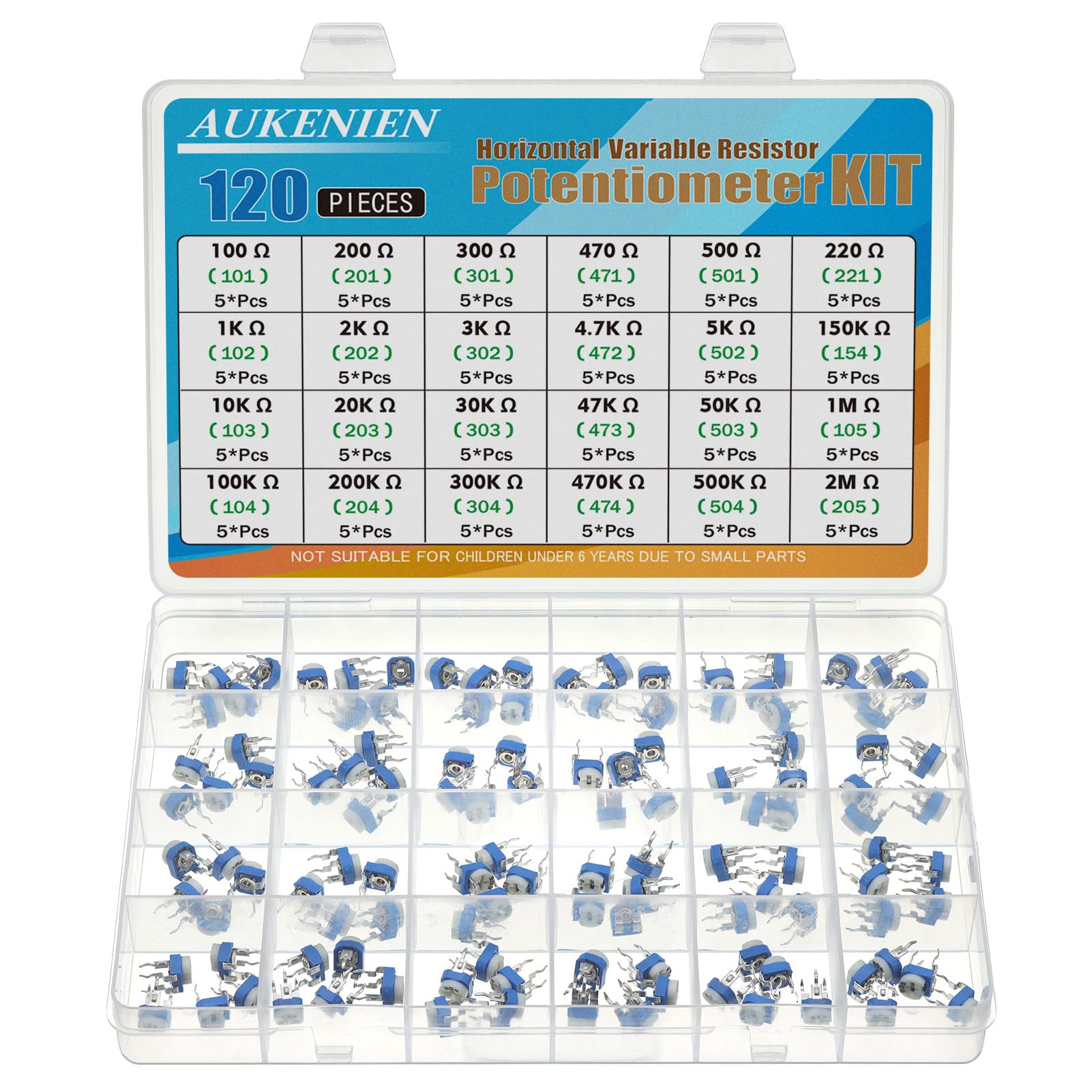 AUKENIEN 24 Werte 120 Stück 100 Ohm bis 2M Ohm Potentiometer Variabler Widerstand Sortiment Blauer und Weißer Horizontaler Widerstände Set von AUKENIEN