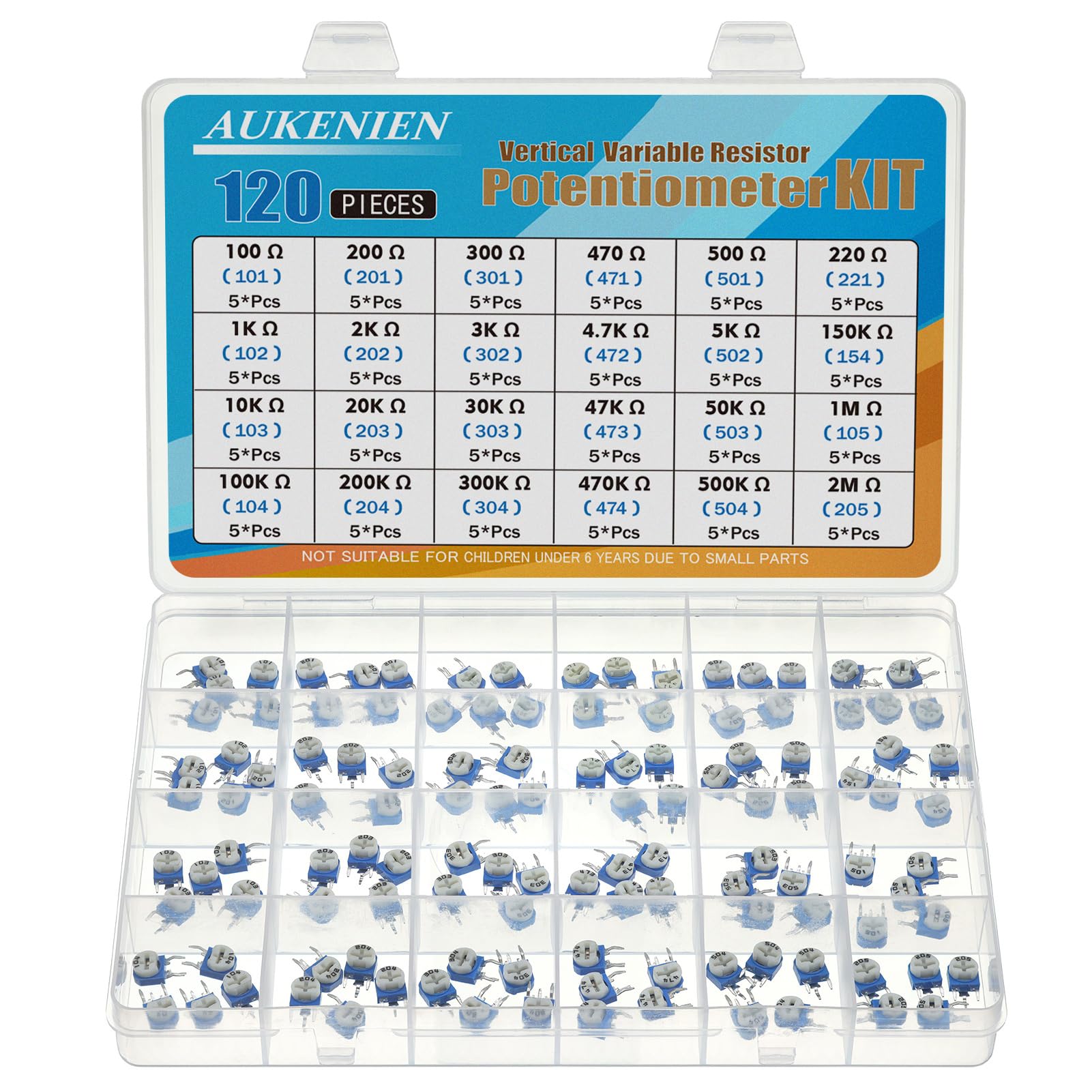 AUKENIEN 24 Werte 120 Stück Trimmer Potentiometer Vertikal Variabler Widerstand 100 200 300 470 500 220 1K 2K 3K 4,7K 5K 150K 10K 20K 30K 47K 50K 100K 200K 300K 470K 500K 1M 2M Ohm Klassifizierung Kit von AUKENIEN