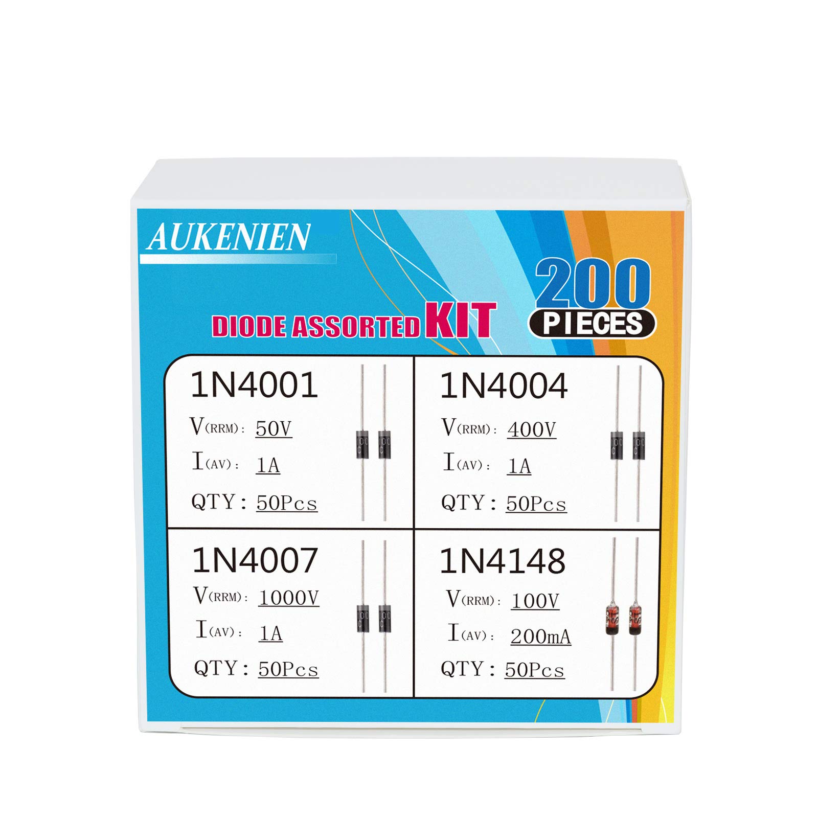 AUKENIEN 4 Wert 200 Stück Dioden Sortiment Kit Schalt Dioden 1N4148 IN4148 Gleichrichter Dioden 1N4001 IN4001 1N4004 IN4004 1N4007 IN4007 von AUKENIEN