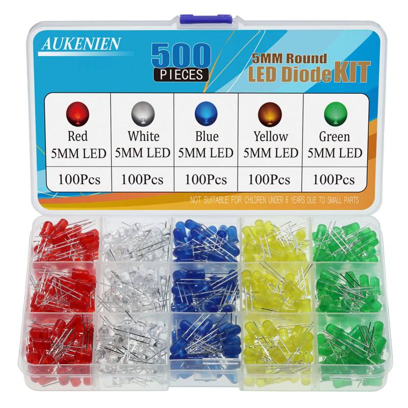 AUKENIEN 500 Stück 5MM LED Dioden Leuchtdiode sortiment Kit Rundkopf 2 Pin LED Licht Diffus Dioden Set 5 Farben Rot Blau Gelb Grün Weiß (100pcs Jede Farbe) von AUKENIEN