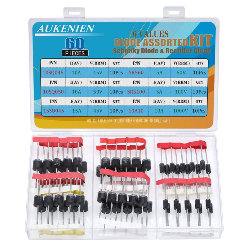 AUKENIEN 6 Werte 60 Stück Schottky Gleichrichter Dioden Sortiment Kit 10SQ045 10SQ050 15SQ045 10A10 SR5100 SR560 Diode 5A 10A 15A 45V 50V 60V 100V 1000V Axial Diodes Sperrdioden Set von AUKENIEN