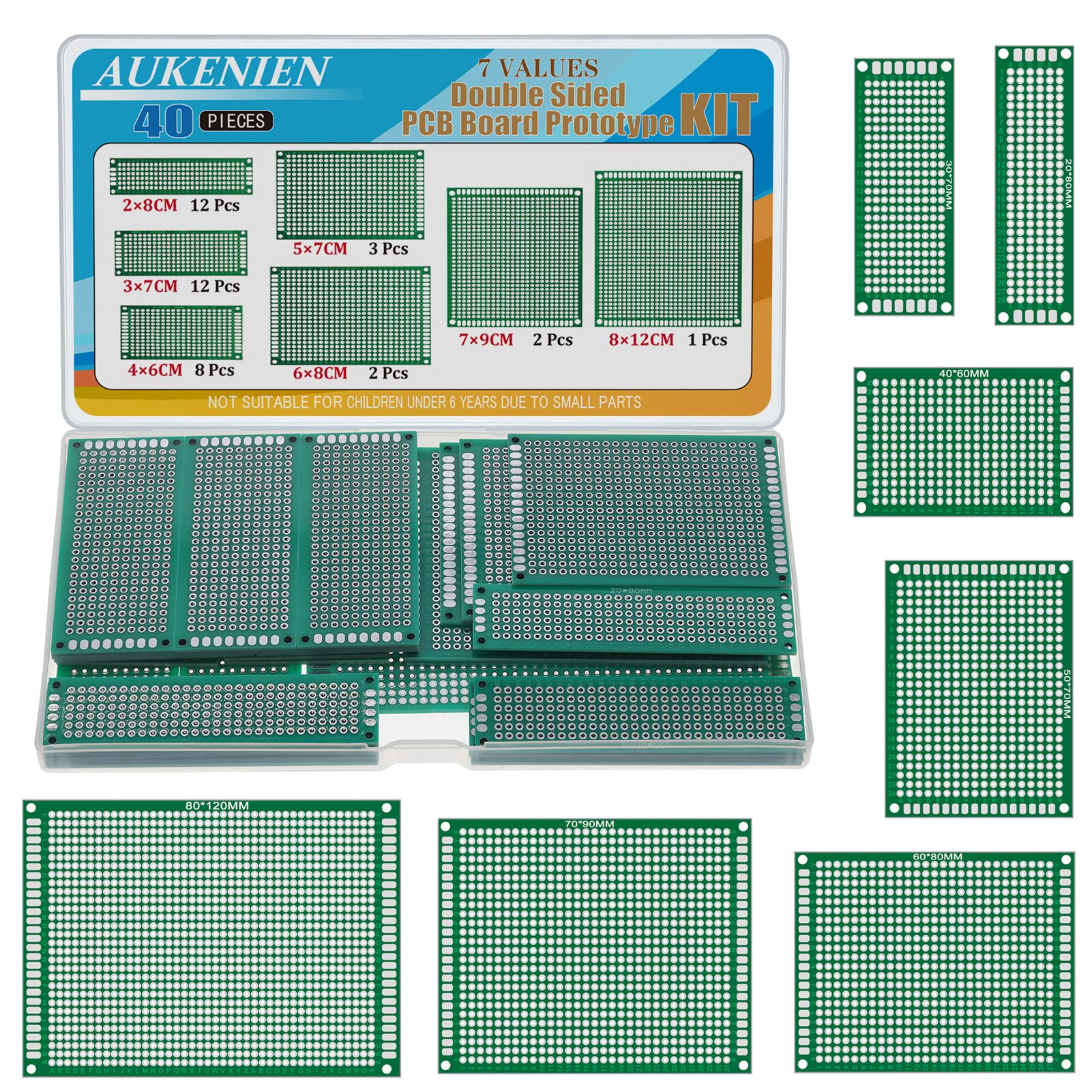 AUKENIEN 7 Werte 40 Stück PCB Board Prototype Lochrasterplatine Kit 2x8 3x7 4x6 5x7 6x8 7x9 8x12 Lochplatine Lochrasterplatte Doppelseitige Leiterplatte kompatibel mit dem Arduino Kits für DIY Löten von AUKENIEN