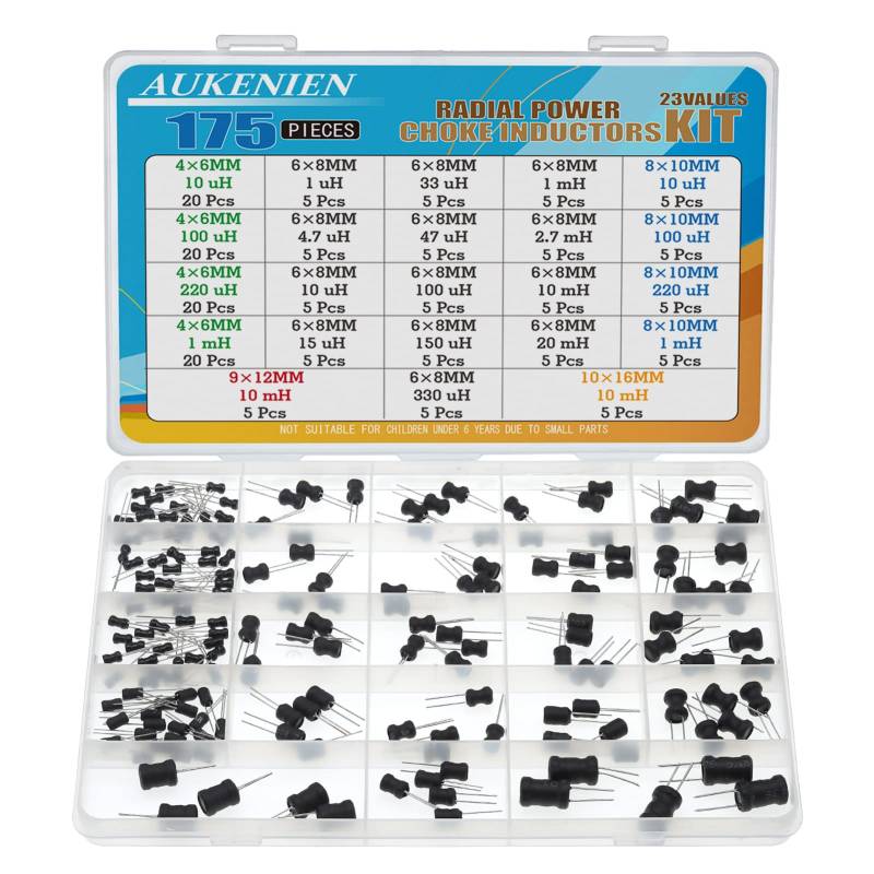 AUKENIEN Inductor Kit 23 Werte 175 Stück 10uH 100uH 220uH 1mH 1uH 4,7uH 15uH 33uhH 47uH 150uH 330uH 2,7mH 10mH 20mH Radial Induktivität Sortiment von AUKENIEN