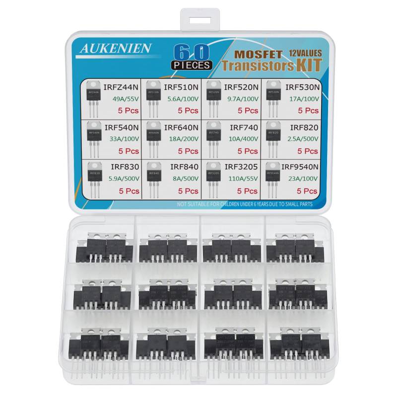 AUKENIEN Mosfet Transistor Kit 12 Werte 60 Stück IRFZ44N IRF510N IRF520N IRF530N IRF540N IRF640N IRF740 IRF820 IRF830 IRF840 IRF3205 IRF9540N TO-220 Mosfet-Transistoren von AUKENIEN