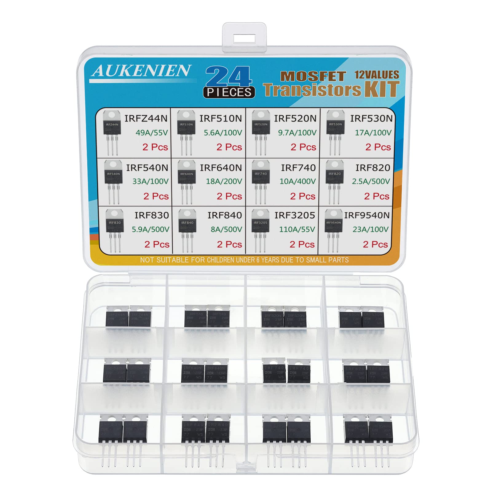 AUKENIEN Mosfet Transistor Set 12 Werte 24 Stück IRFZ44N IRF510N IRF520N IRF530N IRF540N IRF640N IRF740 IRF820 IRF830 IRF840 IRF3205 IRF9540N TO-220 Transistoren Sortiment Kit von AUKENIEN