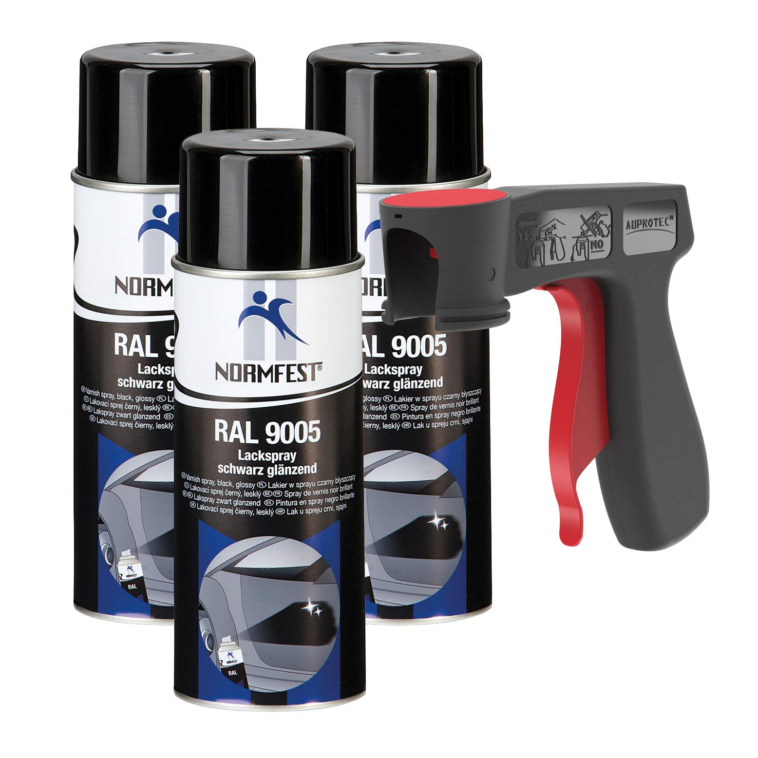 AUPROTEC Lackspray RAL 9005 schwarz glänzend Sprühlack Glanzlack Auto Lack Spray 3X 400ml + 1x Original Pistolengriff von AUPROTEC