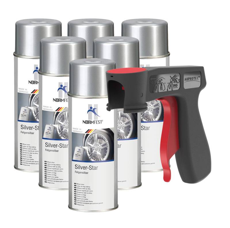 AUPROTEC Pistolengriff + Normfest Lackspray Silver Star Felgen Silber Spray Sprühlack Felgenlack Autolack 6X 400ml von AUPROTEC