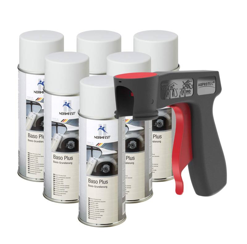 AUPROTEC Pistolengriff + Normfest Grundierung Haftgrund Füller Baso+ Lack Rostschutzgrundierung Spray grau 6X 400ml von AUPROTEC