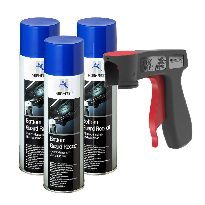 AUPROTEC Pistolengriff + Normfest Unterbodenschutz überlackierbar Bottom Guard Recoat Spray 3X 500ml von AUPROTEC