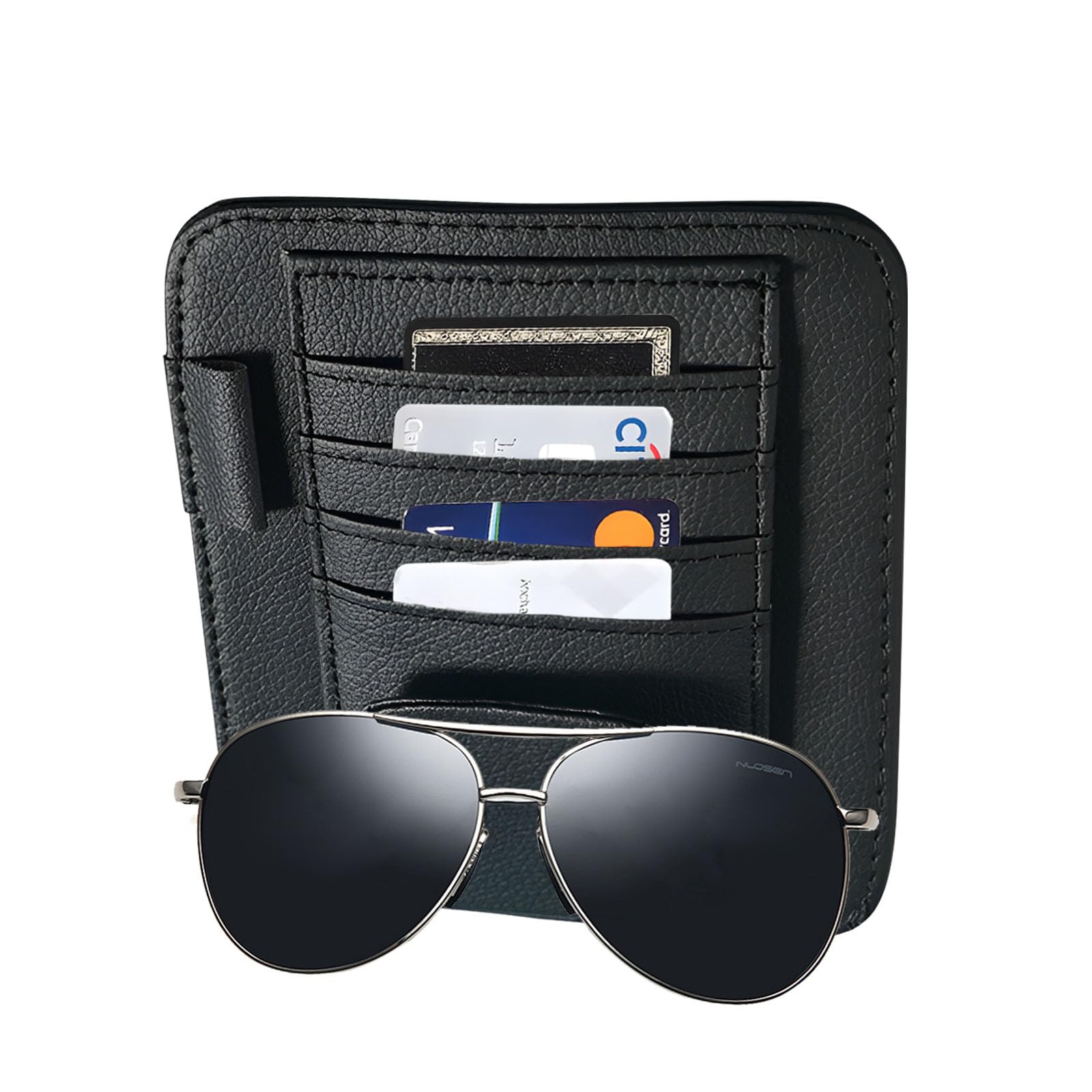 AUSYIWI Auto Sonnenblende Organizer, Universal Brillenhalter Clip mit Aufbewahrungsfächern, Leder Sonnenbrillenhalter für Autovisier für die Speicherung Sonnenbrille Karte Stift Rechnung (Schwarz) von AUSYIWI