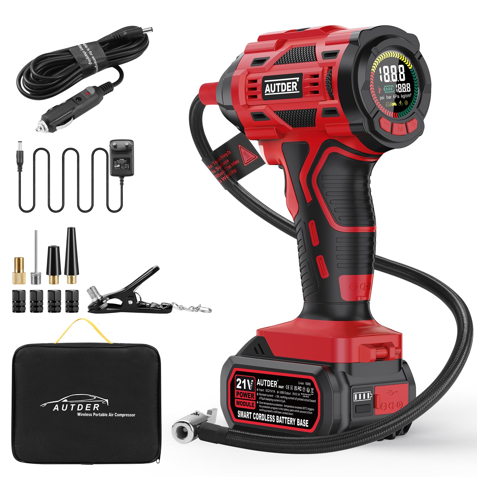 AUTDER Tragbarer Luftkompressor, Kabelloser Reifenfüller 180 PSI mit Zwei Stromquellen, 21V Batteriebetrieben/12V DC, Digitales Manometer, Automatische Abschaltung, Perfekt für Unterwegs (Rot) von AUTDER