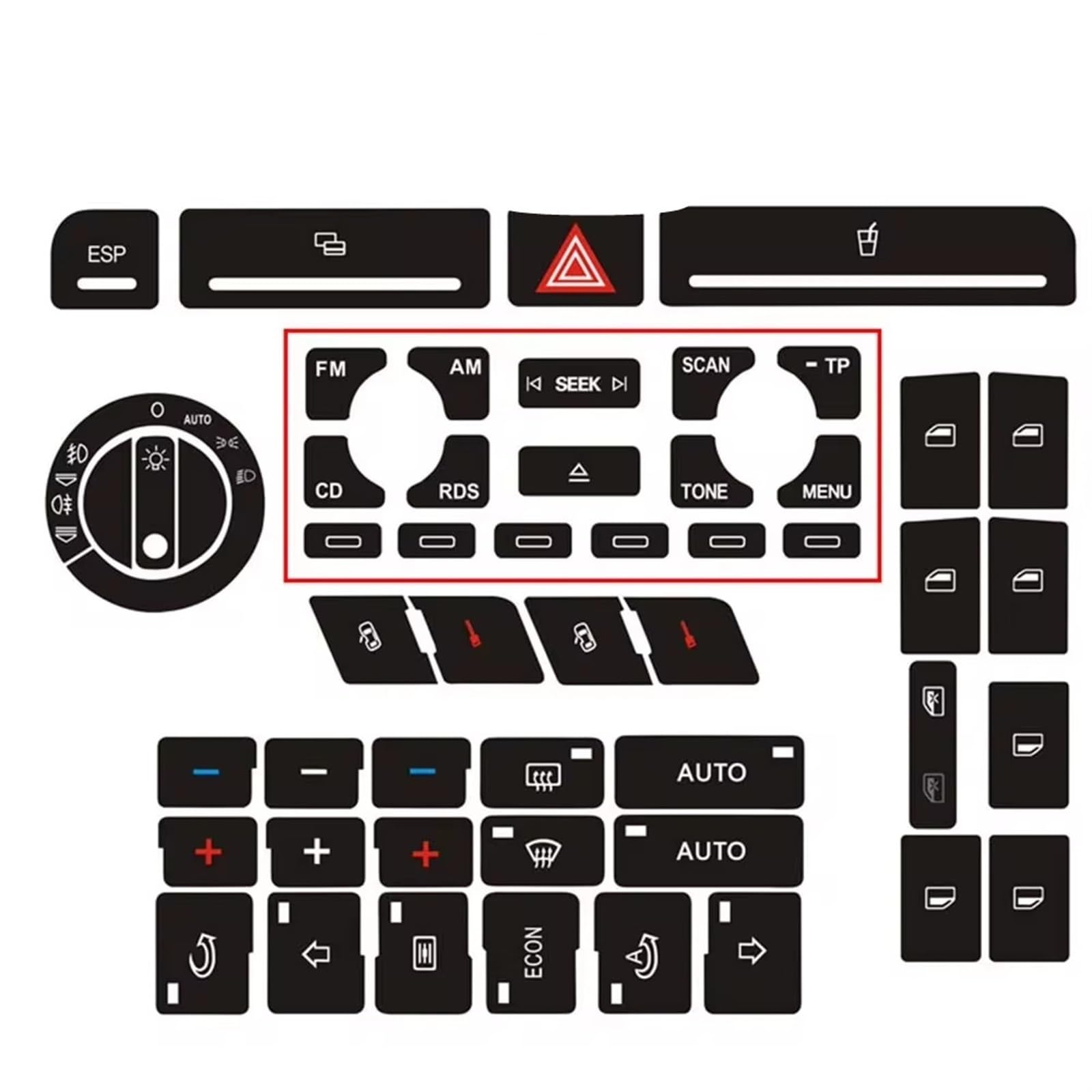 AUTEBGV Kompatibel Mit Für A4 B6 B7 Auto Für Radio Clima ESP Scheinwerferknopf Reparaturaufkleber Abgenutzter Knopfschalter Innenzubehör Auto Tasten Aufkleber(B) von AUTEBGV