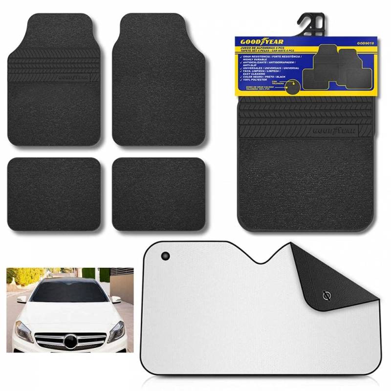 AUTO LABEL Set mit 4 Fußmatten aus schwarzem Teppich, universell, Good Year + 1 Sonnenschutz für Auto, zweifarbig, Schwarz matt - Silber glänzend 130 x 70 cm von AUTO LABEL. FIRST CLASS DRIVER ACCESSORIES