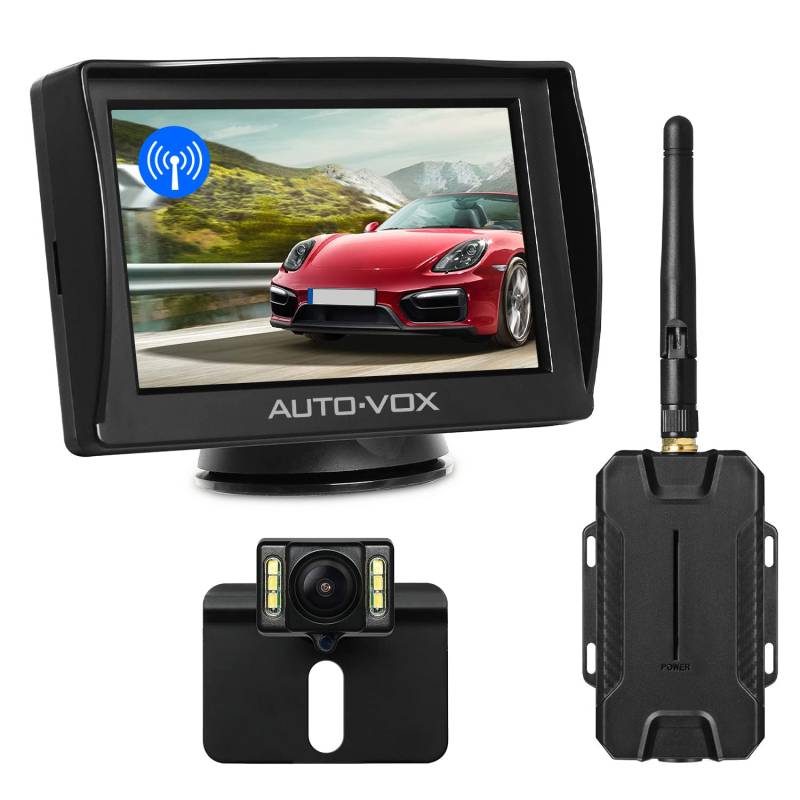 AUTO-VOX M1W Wireless Backup Kamera-Kit,Rückfahrkamera drahtlos, IP68 Wasserdicht LED Super Nummernschild Nachtsicht Rückseite Funk Back Up Auto-Kamera,10,9cm LCD TFT kabellos Rückfahrkamera Monitor von AUTO-VOX