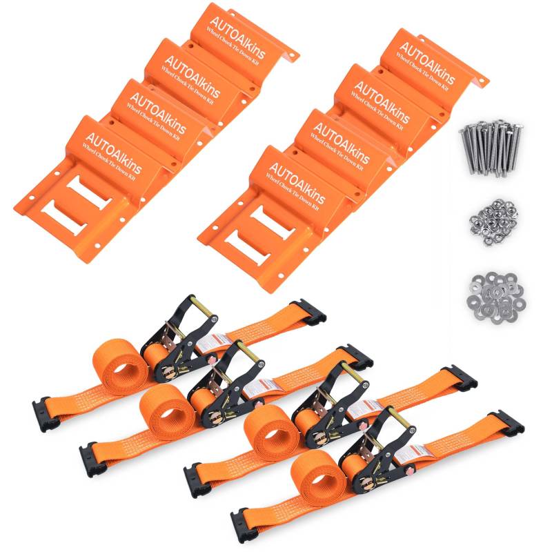 AUTOAlkins Unterlegkeil Spanngurt-Set, Anhänger-Spanngurt-Set, robustes Anhänger-Spannsystem für UTV, ATV, Rasenmäher usw., Unterlegkeil und Spanngurt-Zubehör, 4-Reifen-Set (Orange) von AUTOAlkins