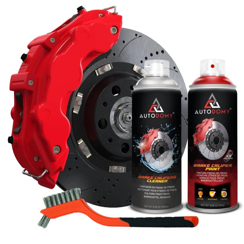 AUTODOMY Bremssattellack Set Spray Sprühfolie für Bremssattel 400ml mit Hoher Temperaturbeständigkeit | Bremssattellack Rot + Bremsreiniger + Stahlbürste für Caliper von Auto und Motorrad von AUTODOMY