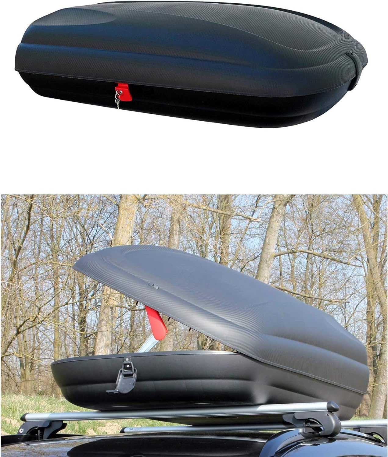 AUTOFORNITURE ITALIA Dachbox Kofferraum Universal 400 Liter Carbon Look Doppelverschluss Maße 1690 x 790 x 375 mm von AUTOFORNITURE ITALIA