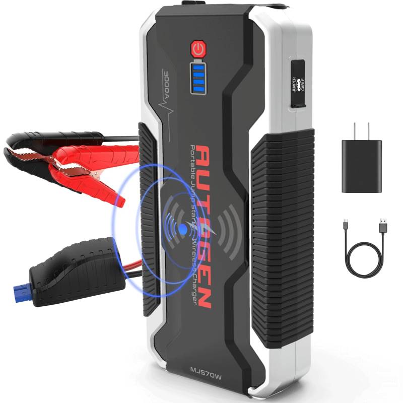 AUTOGEN 3000A Starthilfe Powerbank, 12V 24000mAh Batterie-Sprungpaket (8,0 l+ Benzin- und Dieselmotor), Power Bank mit Kabelloses Laden & USB QC3.0 LED-Taschenlampe, wasserdicht IP65. von AUTOGEN