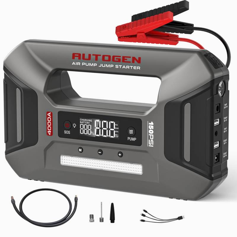 AUTOGEN 4000A Starthilfe-Powerbank, 12V Tragbarer Autobatterie-Booster mit Luftkompressor, 27000mAh Kapazität, mit Zwei USB Ausgängen und LCD Display,(10L Diesel & 10L Benzin) von AUTOGEN