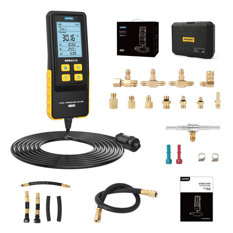 AUTOOL PT630 Kraftstoffdruckmesser, Digital Benzindruck Tester Druckprüfer Set Einspritzanlage Kraftstoffdruck Manometer Benzindruck Messgerät Auto Intelligentes Kraftstoffdruckmessgerät Testkit von AUTOOL