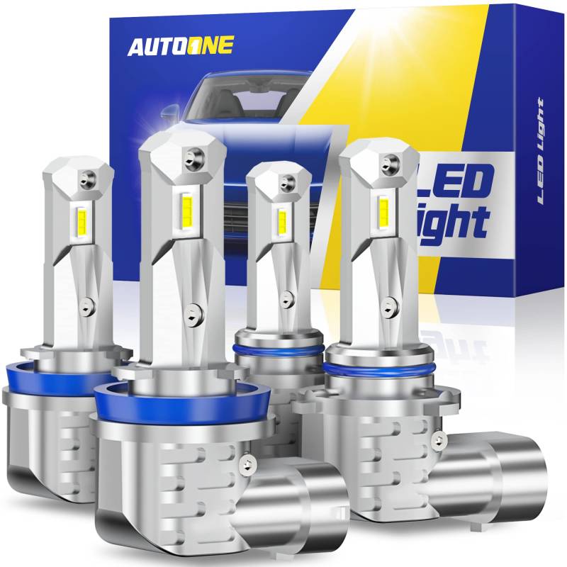 AUTOONE H11/H9/H8 9005/HB3 LED Bulbs Combo 6000 K Weiß, H11 9005 LED Scheinwerfer, Nebelscheinwerfer, Canbus, Fanless Mini Size Plug and Play (4 Stück) von AUTOONE