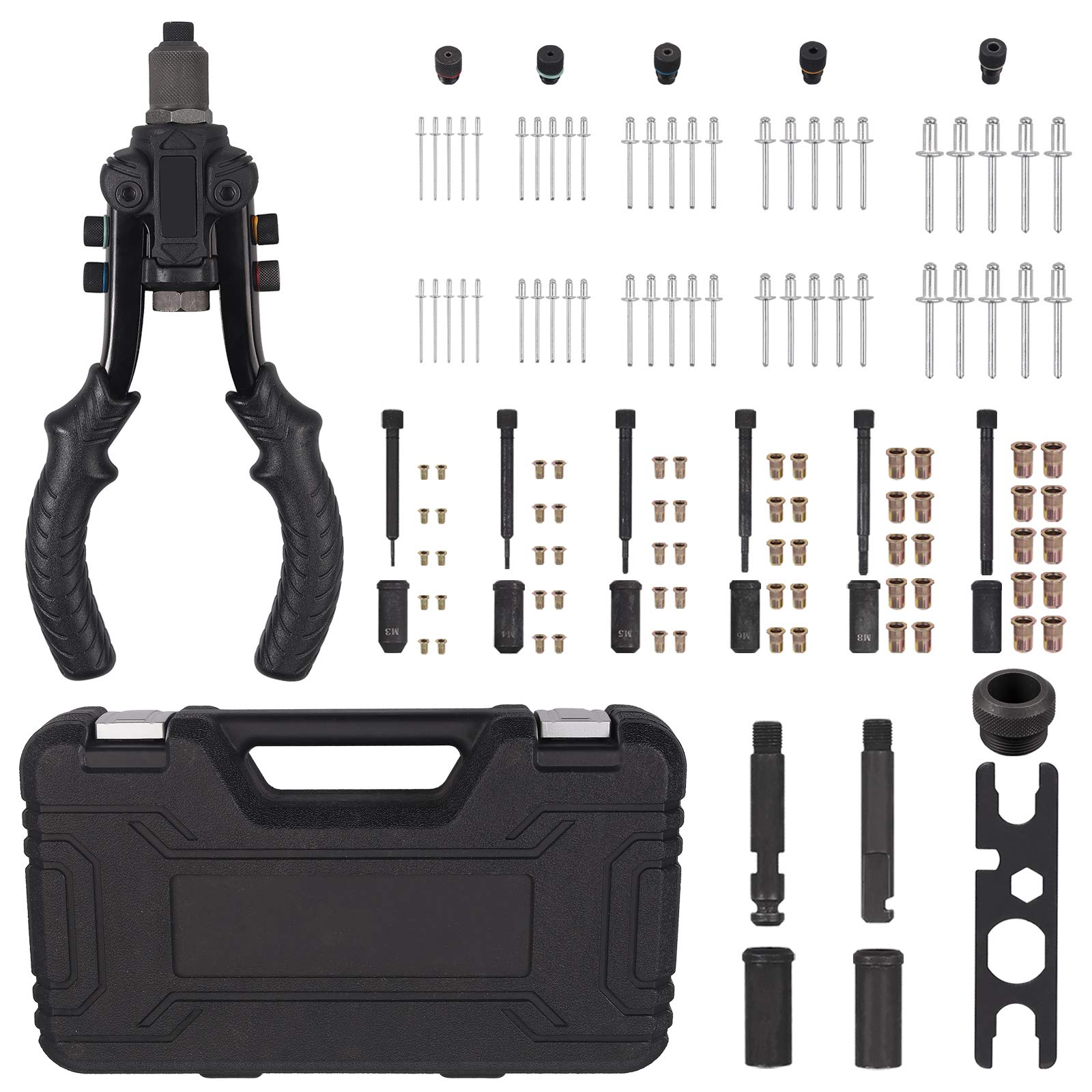 3 In 1 Nietmutternzange, Blindnietzange und Reibwerkzeug Set, 10" Nietzange Set Nietmutter-Werkzeug, mit M3-M10 6PCS Dorne, 60PCS Nietmuttern, 2.4-6.4 Nietköpfen, 50PCS Blindnieten und 2 Reibdornen von AUTOUTLET