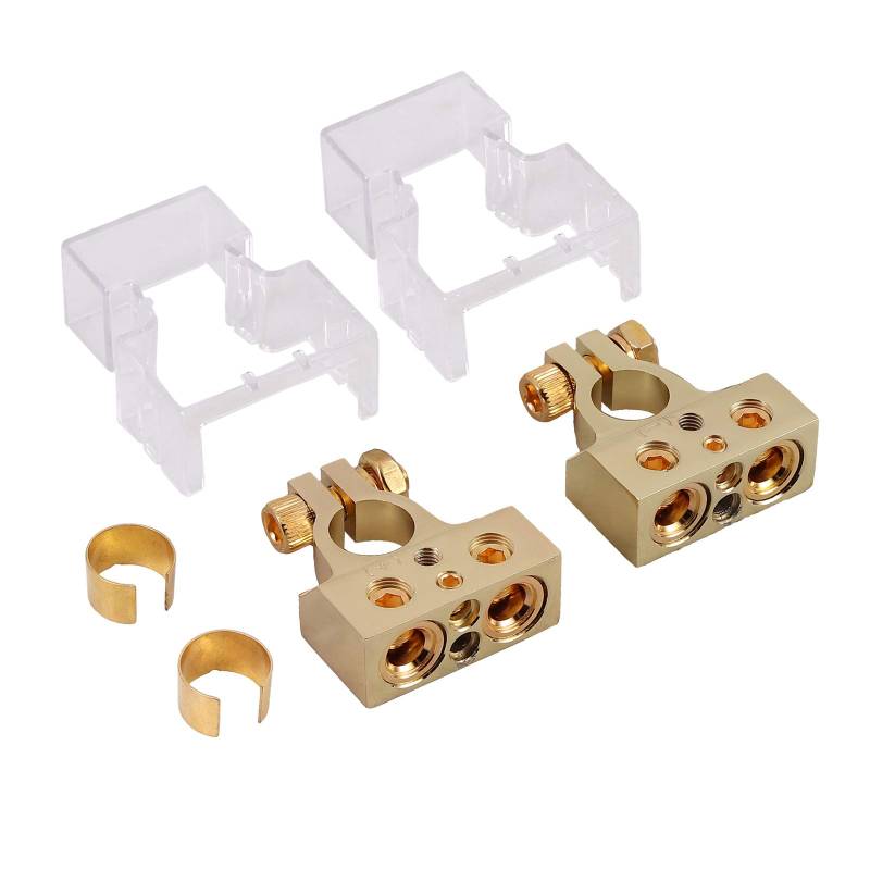 AUTOUTLET 2PCS Batterie Klemme Batterieklemme, 0/4/8/10 AWG Autobatterie Klemmen, Positiv und Negativ Battery Terminal Anschlussstecker, mit Unterlegscheiben und Abdeckung, Gold von AUTOUTLET