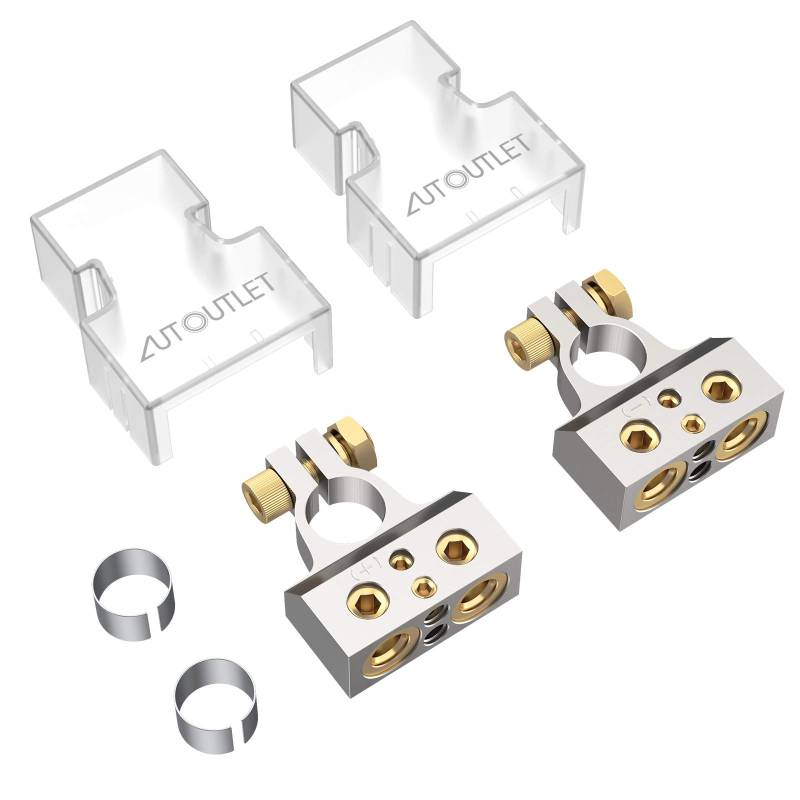 AUTOUTLET 2PCS Batterie Klemme Batterieklemme, 0/4/8/10 AWG Autobatterie Klemmen, Positiv und Negativ Battery Terminal Anschlussstecker, mit Unterlegscheiben und Abdeckung, Silber von AUTOUTLET