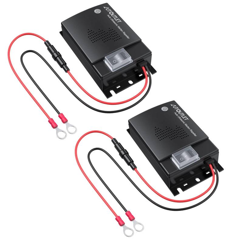 AUTOUTLET 2X Marderschreck Auto, Ultraschall Töne Marderabwehr Marderschutz KFZ Zubehör, Anschluss an 12V Autobatterie, mit Arbeitsanzeigelichte, Aktualisierte Version-Verlängerungslinie 50cm von AUTOUTLET