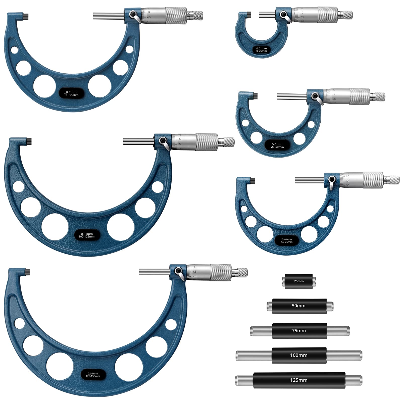 AUTOUTLET 6X Bügelmessschrauben Satz, 0-25mm, 25-50mm, 50-75mm, 75-100mm, 100-125mm, 125mm-150mm, 0,01mm Präzision Mikrometerschraube Mikrometersatz Mikrometer Bügelmessschraube von AUTOUTLET