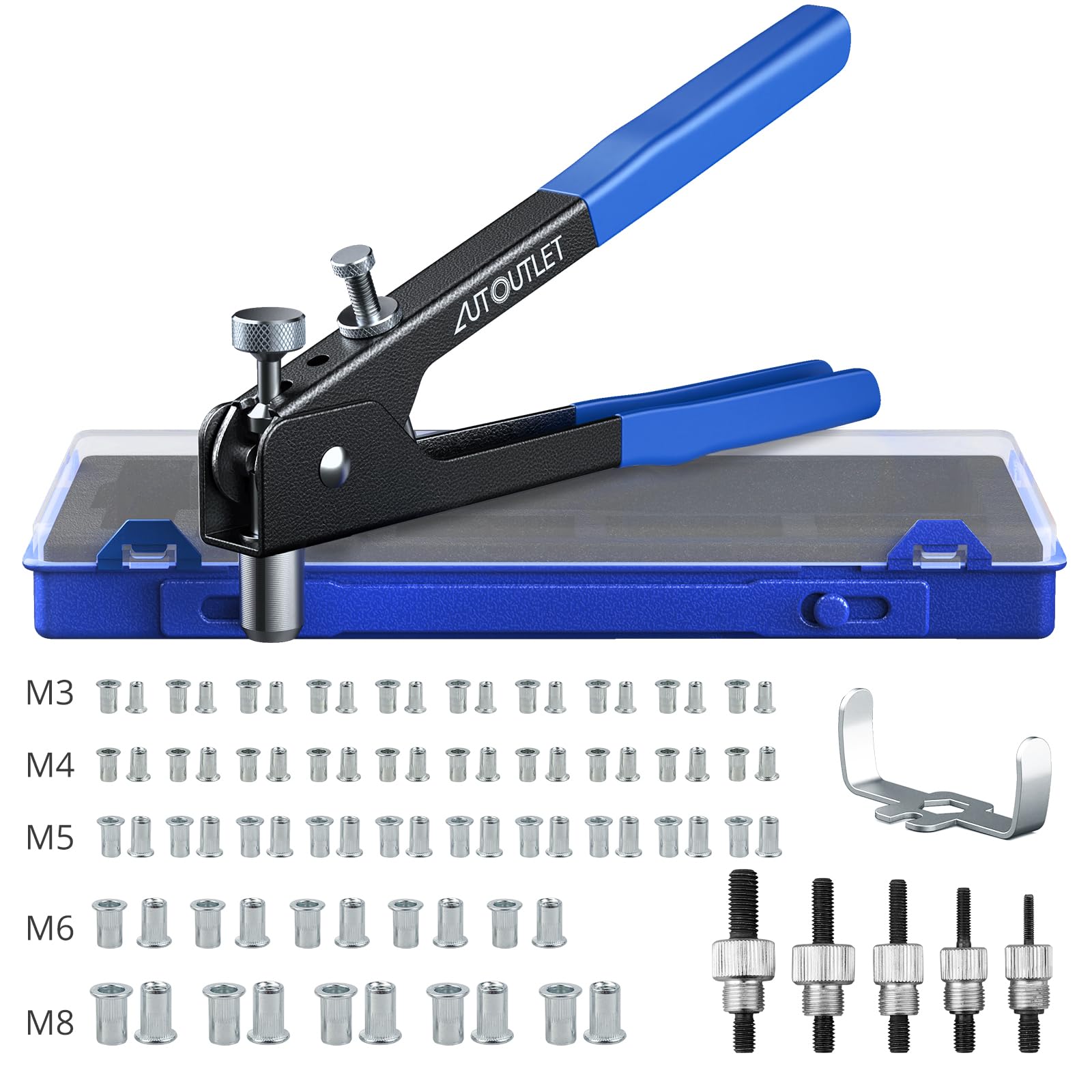 AUTOUTLET Nietzange Set, 86 Stück Nietmutternzange Set Gewindeeinsatz Nietpistolen Werkzeug, mit M3 M4 M5 M6 M8 Dorne und 80PCS Nietmuttern, 10" Nietzange Gewinde Blindnietzange vernieten Kit-Blau von AUTOUTLET