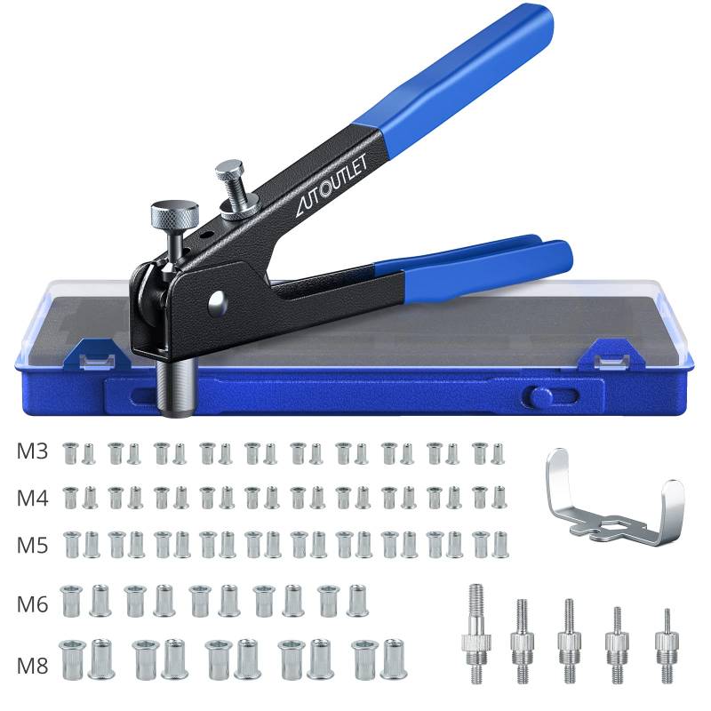 AUTOUTLET Nietzange Set, 86 Stück Nietmutternzange Set Gewindeeinsatz Nietpistolen Werkzeug, mit M3 M4 M5 M6 M8 Dorne und 80PCS Nietmuttern, 10" Nietzange Gewinde Blindnietzange vernieten Kit-Blau von AUTOUTLET