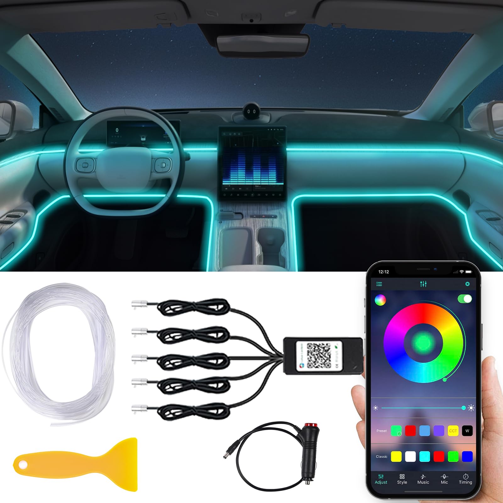 AUTOXBERT LED Innenbeleuchtung Auto Neon, 6M/5 in 1 Auto Ambientebeleuchtung LED Streifen mit App Steuerbare, 29 Modes Led Atmosphäre Licht für Autos zur Autodekoration, Stimmungslicht von AUTOXBERT