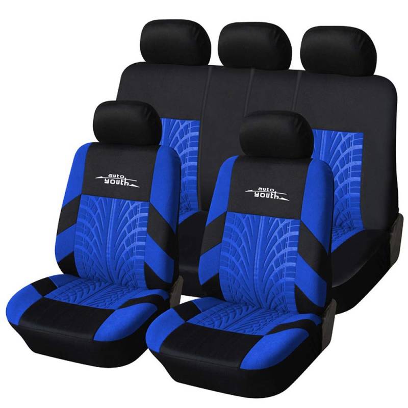 AUTOYOUTH Autositzbezüge, Vordersitzbezüge, mit geteilter Autobank, für Damen, komplettes Set, Sitzschoner, Blau, 9 Teile von AUTOYOUTH