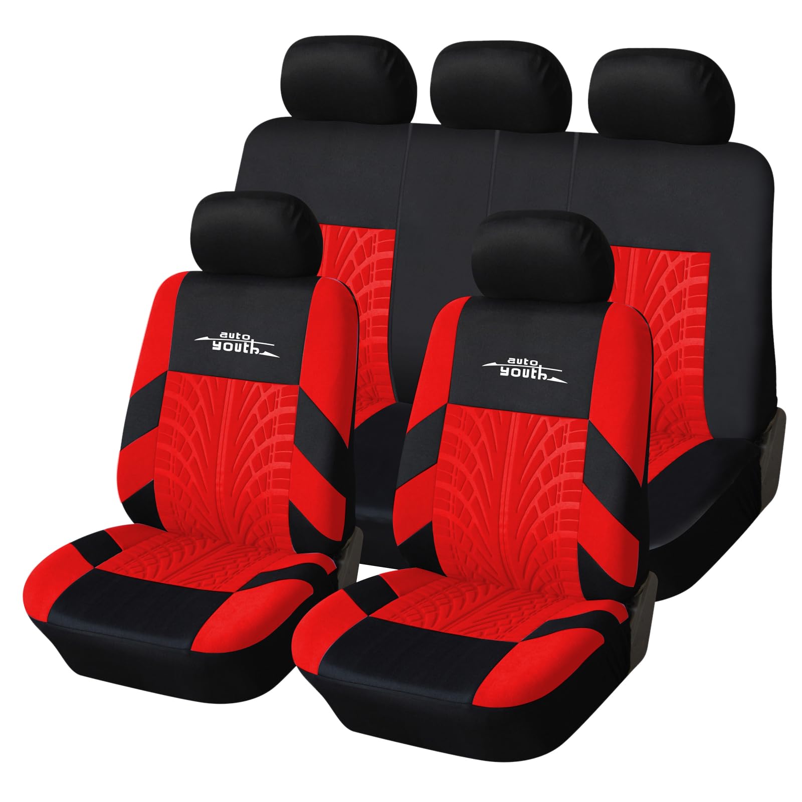 AUTOYOUTH Autositzbezüge, Vordersitzbezüge, mit geteilter Autobank, für Damen, komplettes Set, Sitzschoner, Rot, 9 Teile von AUTOYOUTH