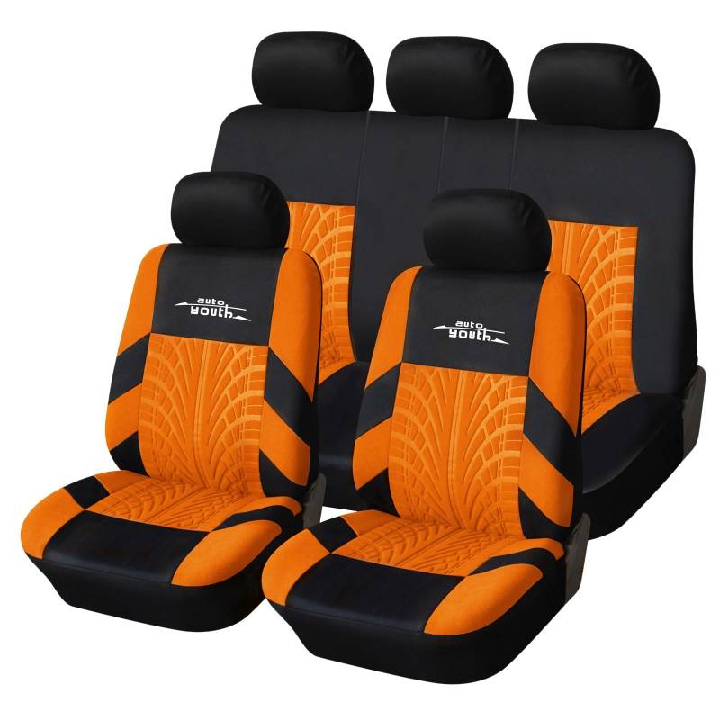 AUTOYOUTH Autositzbezüge Universal Fit Komplettset Autositzschoner Reifenschienen Autositzzubehör, Orange von AUTOYOUTH