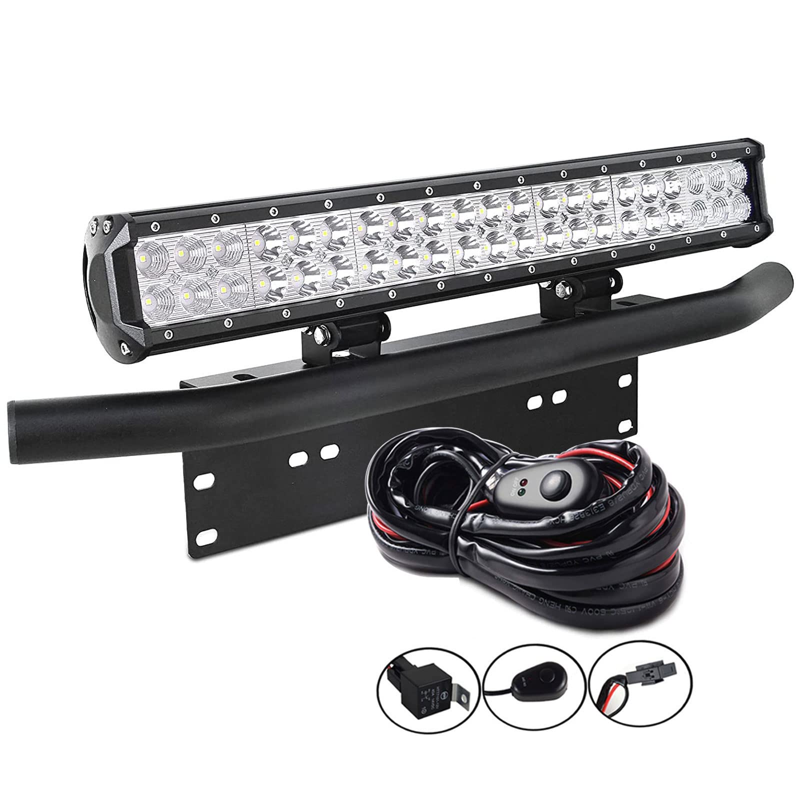 AUXTINGS 20 Zoll 126W Spot Flood LED-Lichtleiste, Kennzeichenhalterung Kabelbaum-Kit für LKW-PKW ATV SUV 4X4 LKW-Bootsfahrleuchte, 12V-24V 6000K von AUXTINGS