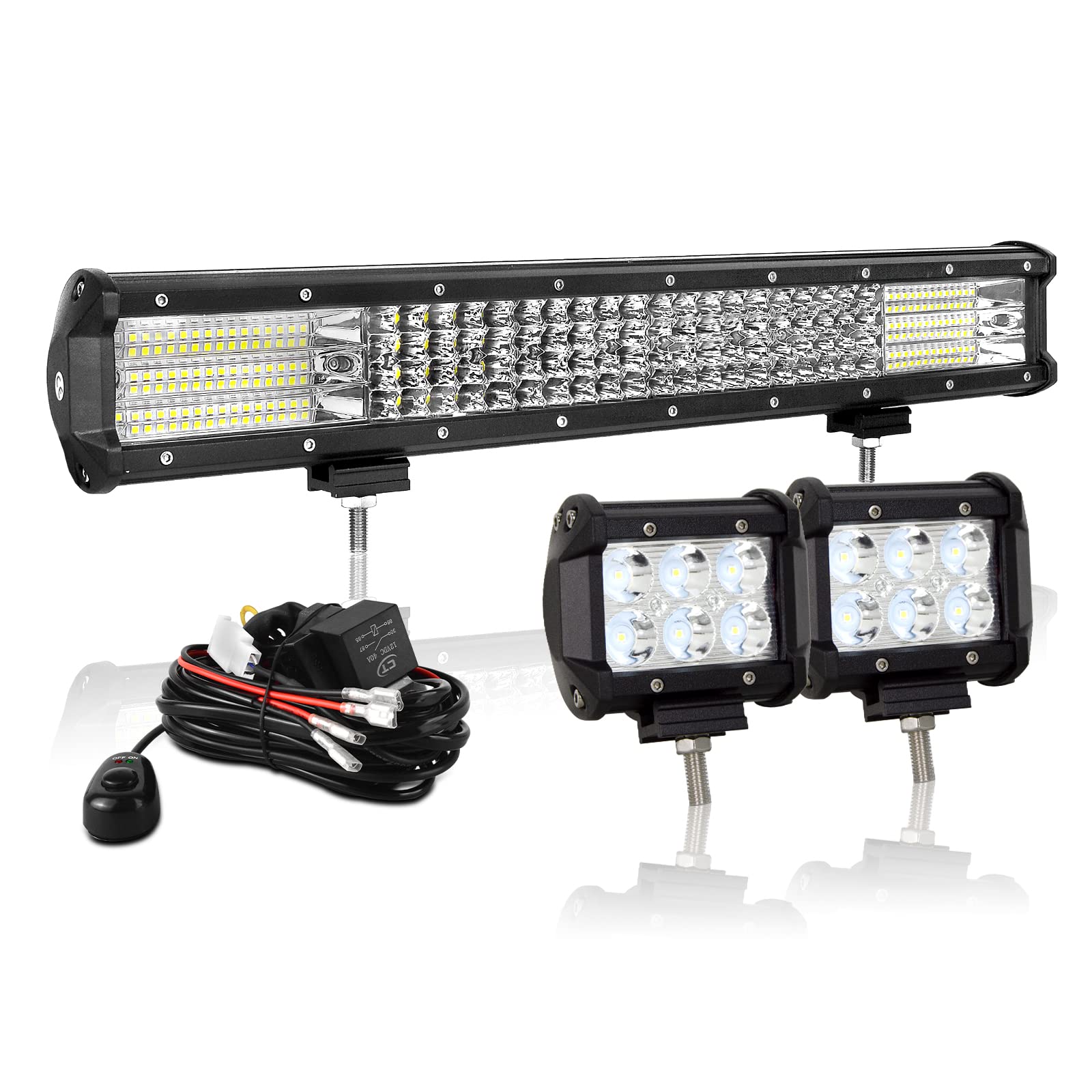 AUXTINGS 20 Zoll 510W Quad-Reihe LED-Arbeitslicht-Bar-Spot-Flut-Strahl mit Kabelbaum-Kit, 4 Zoll 18W Spot Arbeitslicht für LKW Auto ATV SUV 4x4 JP Truck Bootstraktor, 12V 24V wasserdicht von AUXTINGS