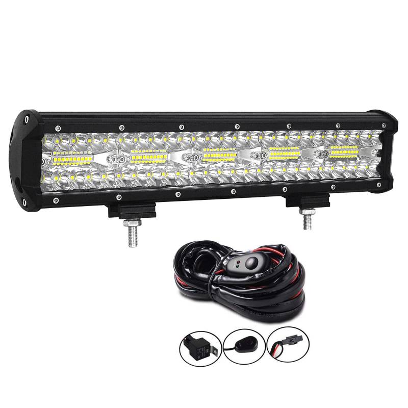 AUXTINGS 38 cm 300W LED Arbeitslicht Leiste Lichtstange LED Zusatzscheinwerfer Dreifache Licht Off Road Lights Spot-Flut-Kombinations Cube Rocks+ Kabelbaum-Kit für Off-Road-LKW ATV UTV SUV,12V 24V DC von AUXTINGS