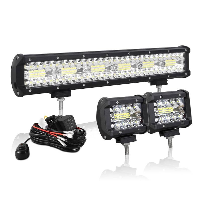 AUXTINGS 45 cm 360W LED Lichtleiste Spot Zusatzscheinwerfer Flutlicht+ 2x 10cm 36W Spot LED Arbeitsleuchte mit 2 Kabeln 12V Kabelbaum-Kit für JP Pickup Offroad Truck 4X4 ATV Bootsanhänger,wasserdicht von AUXTINGS